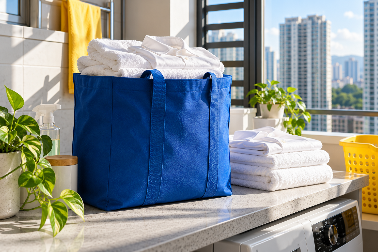 Freshly folded laundry in a reusable blue tote in a bright home laundry area